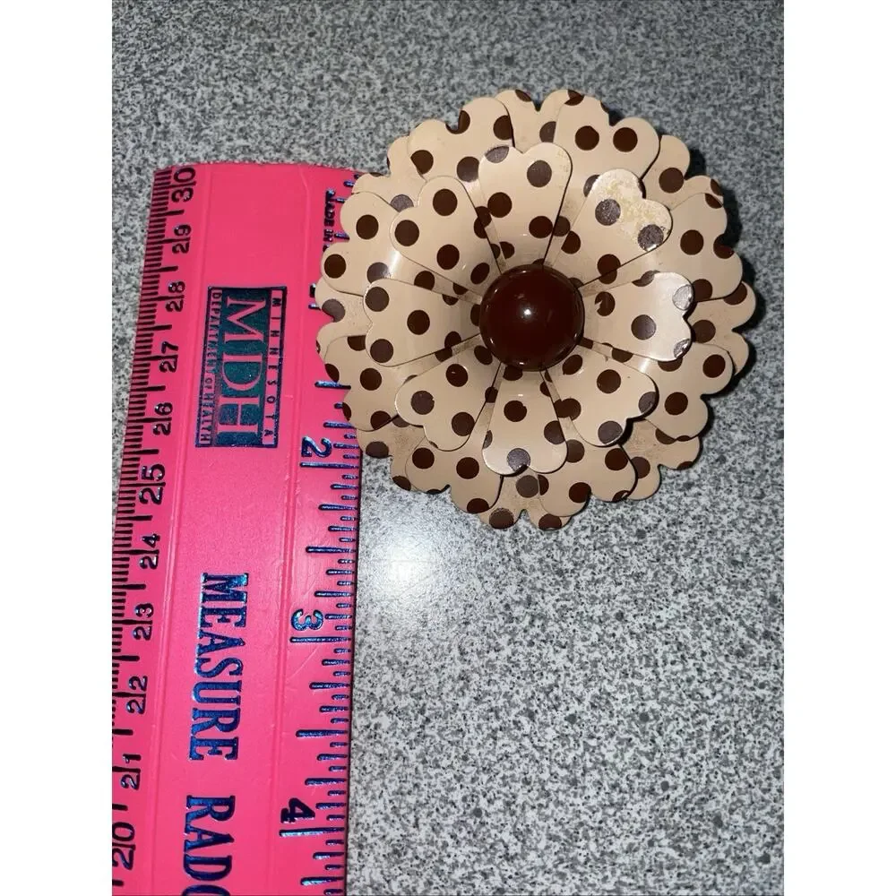 Vtg 1960s Mod Enamel Flower Brooch Pin Brown Polka Dot 3-Tier